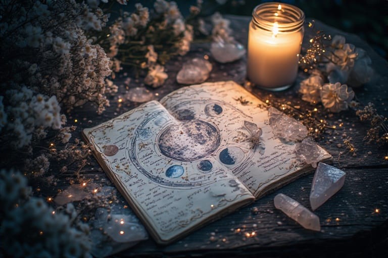 A mystical flat-lay of a moon magic journal with lunar phase illustrations, crystals, flowers, and candlelight.