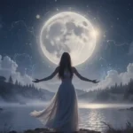 A mystical woman under a glowing full moon, embracing magical moonlight in a serene night landscape.