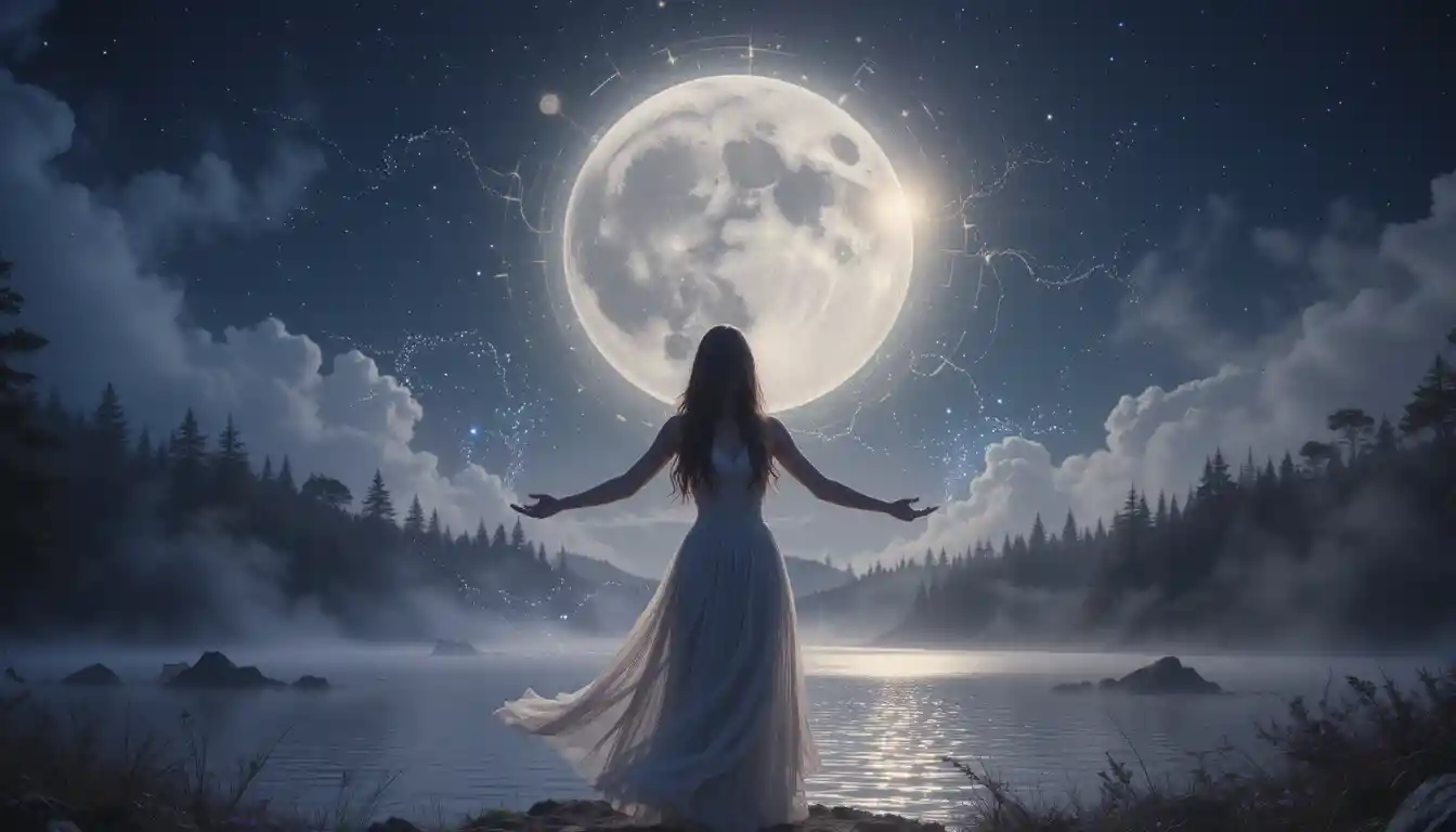 A mystical woman under a glowing full moon, embracing magical moonlight in a serene night landscape.