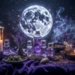 Flat lay of moon magic oils, herbs, and ritual tools under glowing full moon light, evoking mystical and spiritual lunar energy.