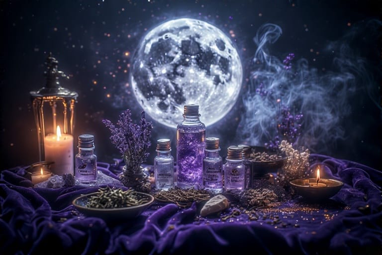 Flat lay of moon magic oils, herbs, and ritual tools under glowing full moon light, evoking mystical and spiritual lunar energy.