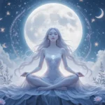 Dreamy illustration of a figure under a glowing full moon surrounded by lunar symbols and soft botanical elements.