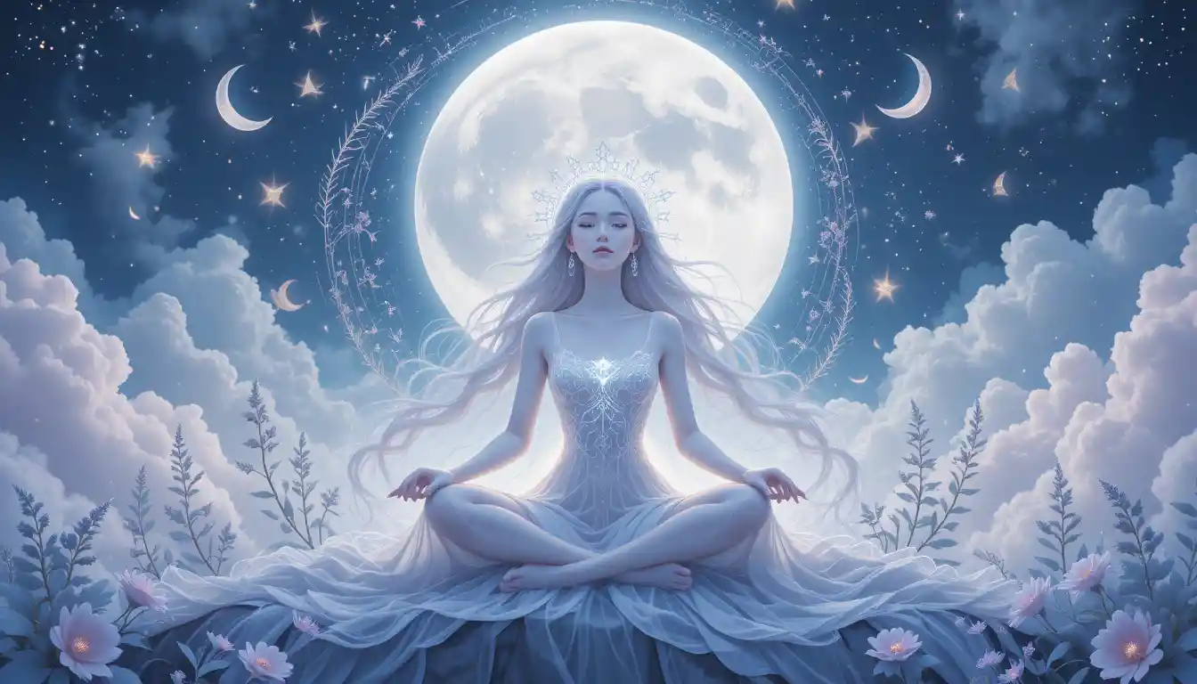 Dreamy illustration of a figure under a glowing full moon surrounded by lunar symbols and soft botanical elements.