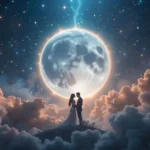 Ethereal and mystical image featuring a glowing moon surrounded by cosmic elements and abstract symbols of love and emotional connection. The scene uses deep blues, purples, silver, and gold to evoke intimacy and spiritual guidance, representing how moon signs influence romantic relationships.