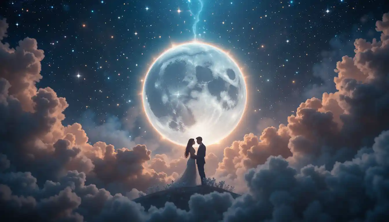 Ethereal and mystical image featuring a glowing moon surrounded by cosmic elements and abstract symbols of love and emotional connection. The scene uses deep blues, purples, silver, and gold to evoke intimacy and spiritual guidance, representing how moon signs influence romantic relationships.