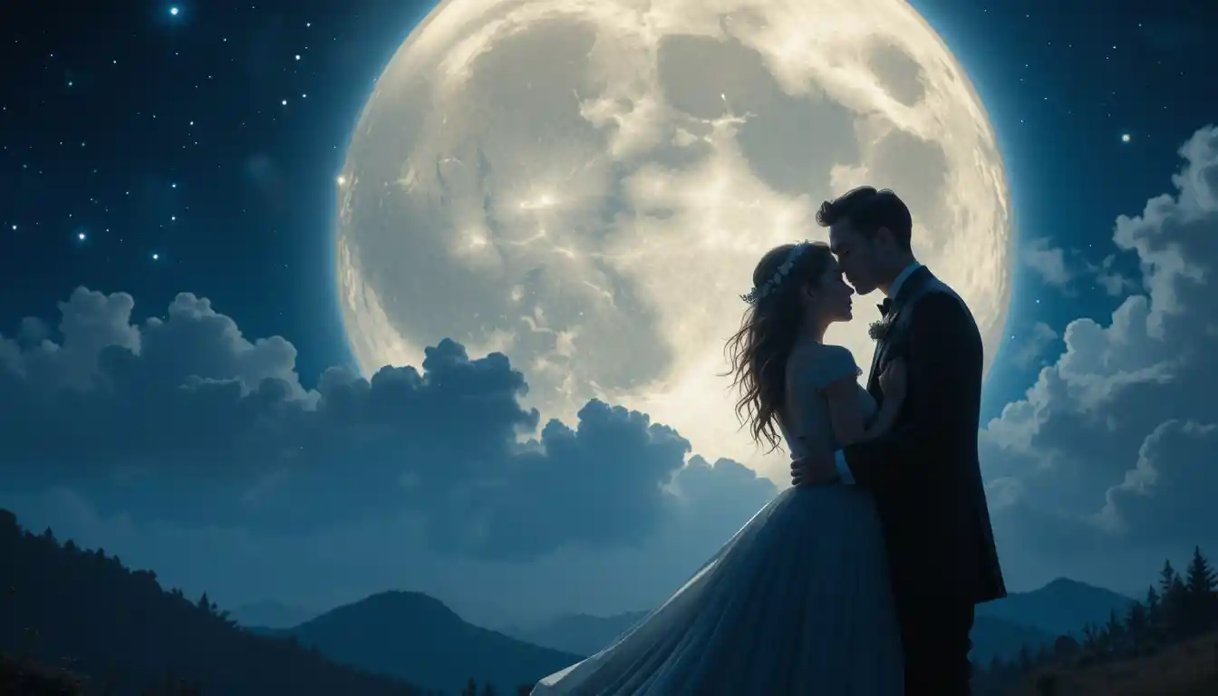 Ethereal image of a couple under a full moon, symbolizing love guided by intuition and celestial forces.