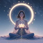 Serene woman meditating under crescent moon with zodiac constellations, symbolizing emotional intuition and cosmic self-discovery