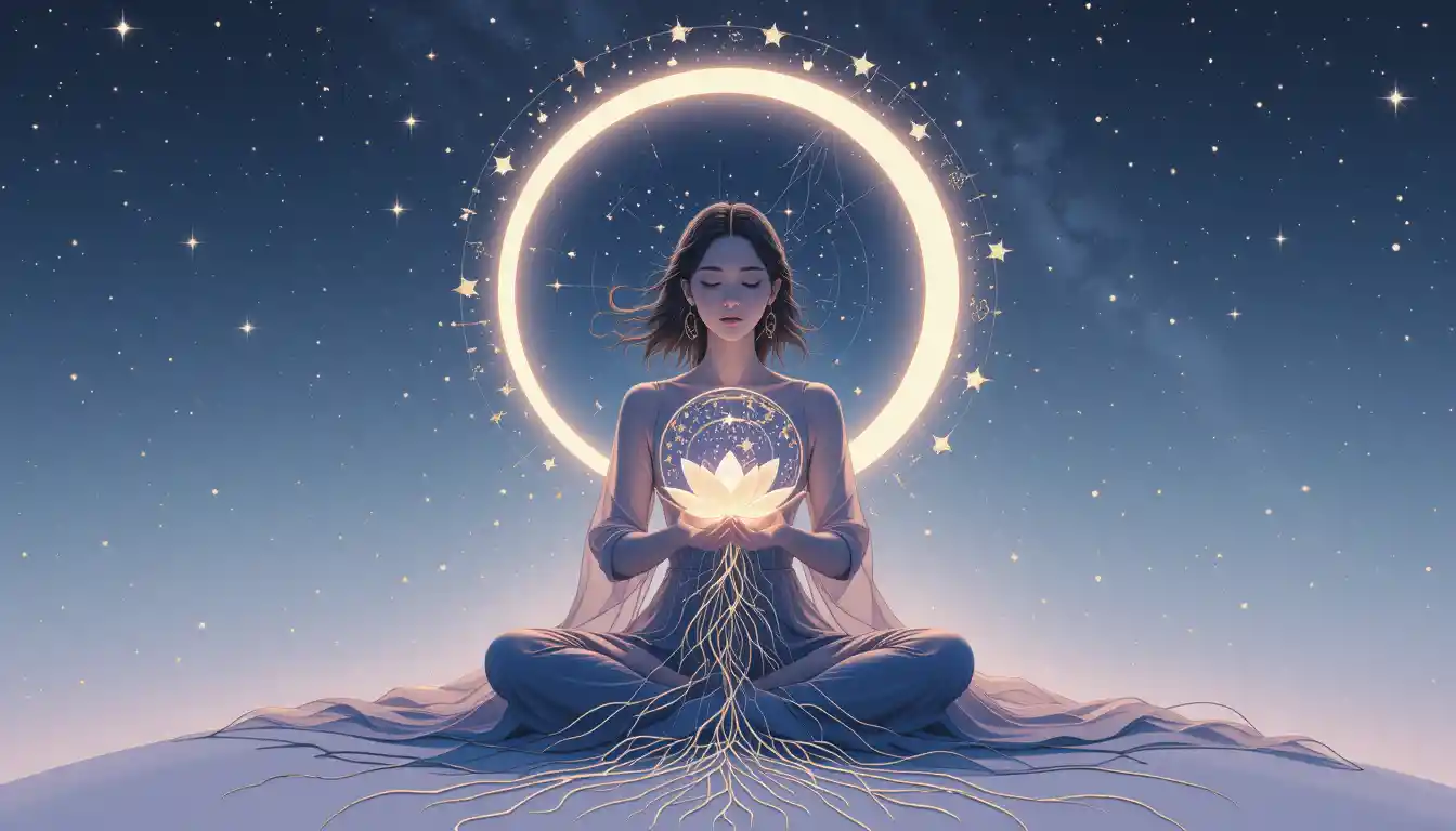 Serene woman meditating under crescent moon with zodiac constellations, symbolizing emotional intuition and cosmic self-discovery