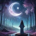 Woman performing moon ritual under a glowing crescent moon in a mystical night setting