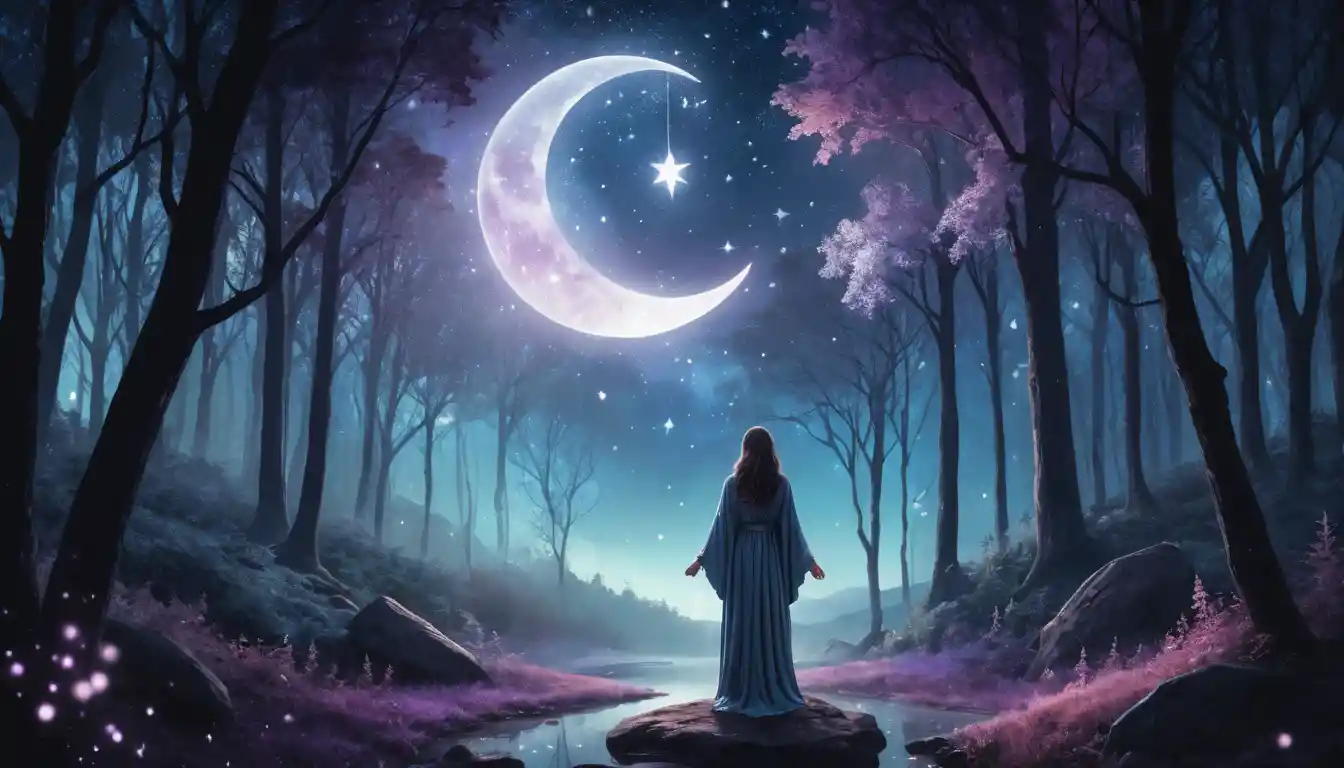 Woman performing moon ritual under a glowing crescent moon in a mystical night setting