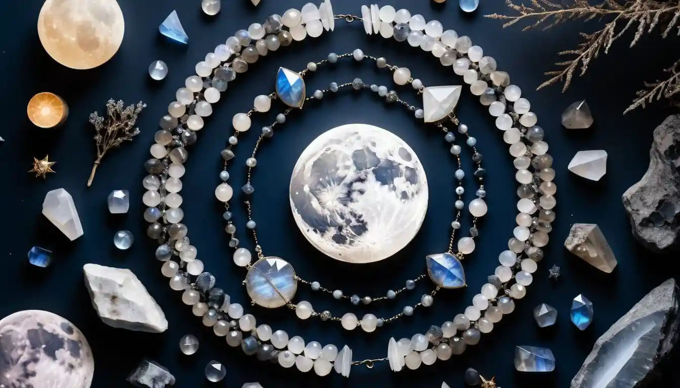 Lunar crystals glowing under a full moon with celestial moon phase symbols and a mystical background.