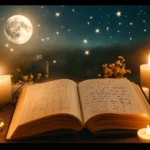 Open journal under moonlight with crystals, candles, and moon phases glowing in the night sky.
