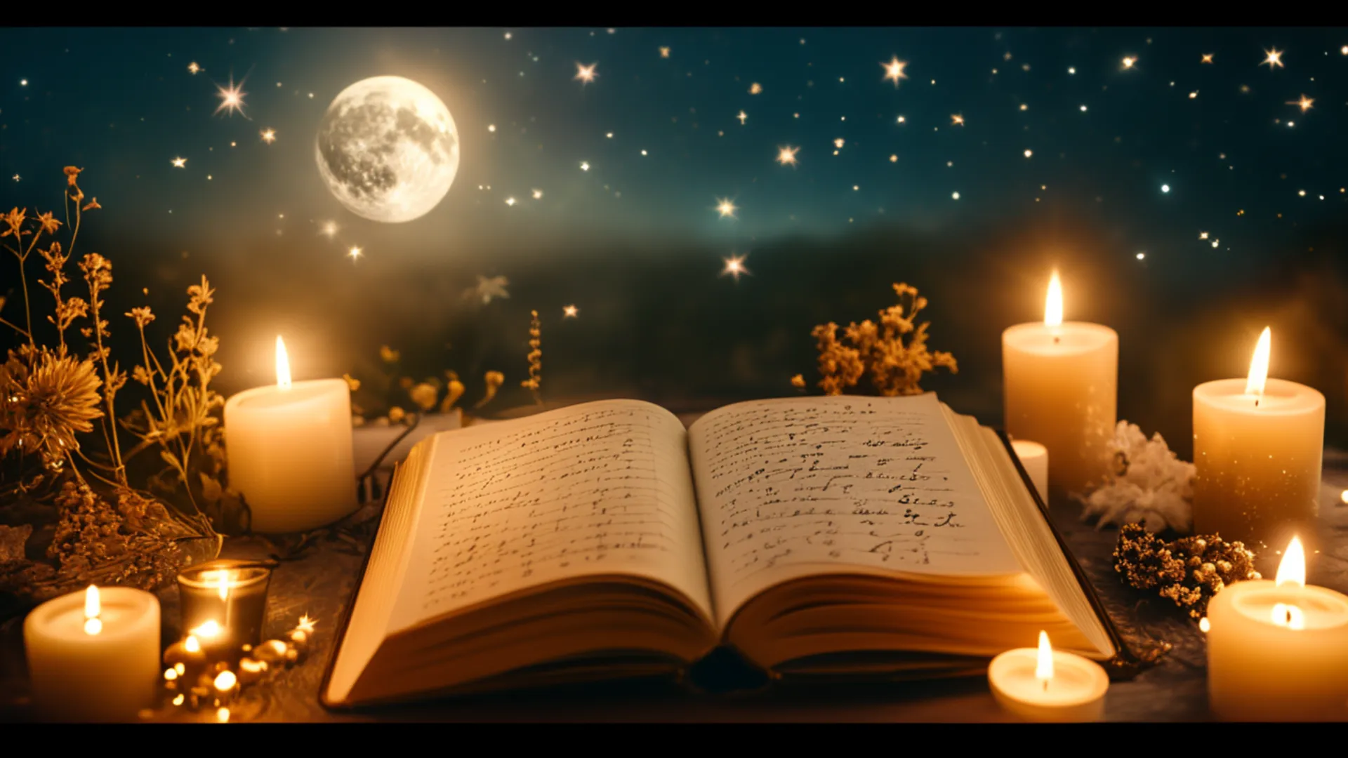 Open journal under moonlight with crystals, candles, and moon phases glowing in the night sky.