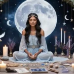 Meditative woman surrounded by eight floating lunar ritual tools and glowing moon phases in a pastel mystical scene.
