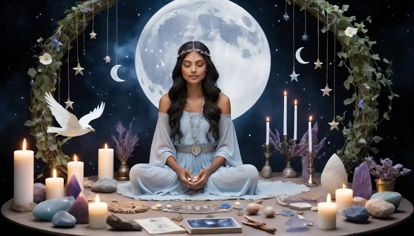 Meditative woman surrounded by eight floating lunar ritual tools and glowing moon phases in a pastel mystical scene.