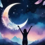 Silhouette of a hand reaching toward a glowing crescent moon surrounded by feathers, rainbow halos, and numeric symbols in a dreamy starry sky.