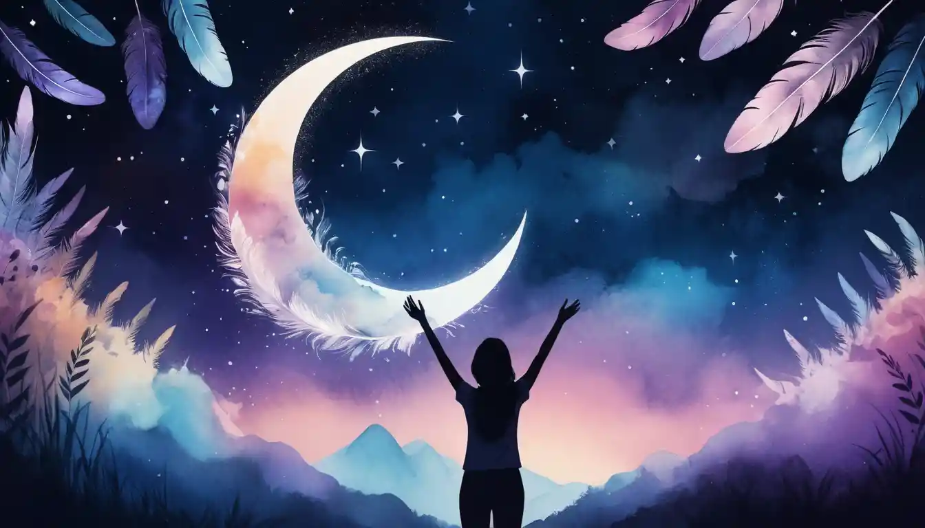 Silhouette of a hand reaching toward a glowing crescent moon surrounded by feathers, rainbow halos, and numeric symbols in a dreamy starry sky.