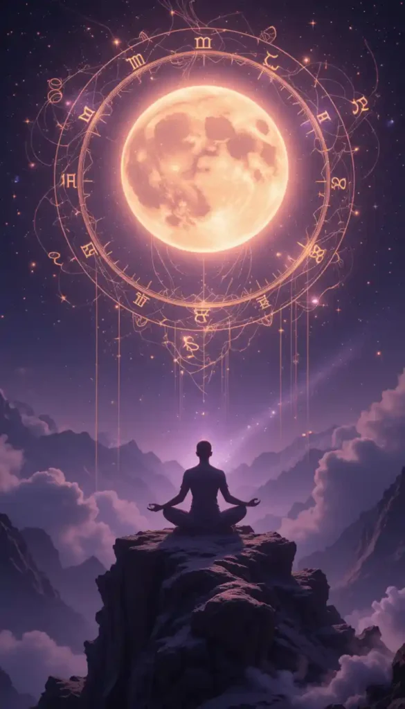 Silhouette meditating under a glowing full moon as cosmic chains around them crack and dissolve.