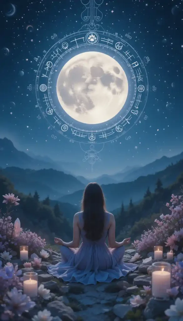 Woman meditating under a glowing full moon with spiritual lunar symbols and calming night scenery.