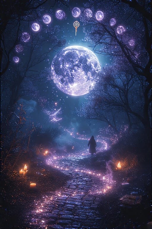 Cloaked figure walking a moonlit path with floating ritual items and moon phases arcing overhead in a misty, magical forest.