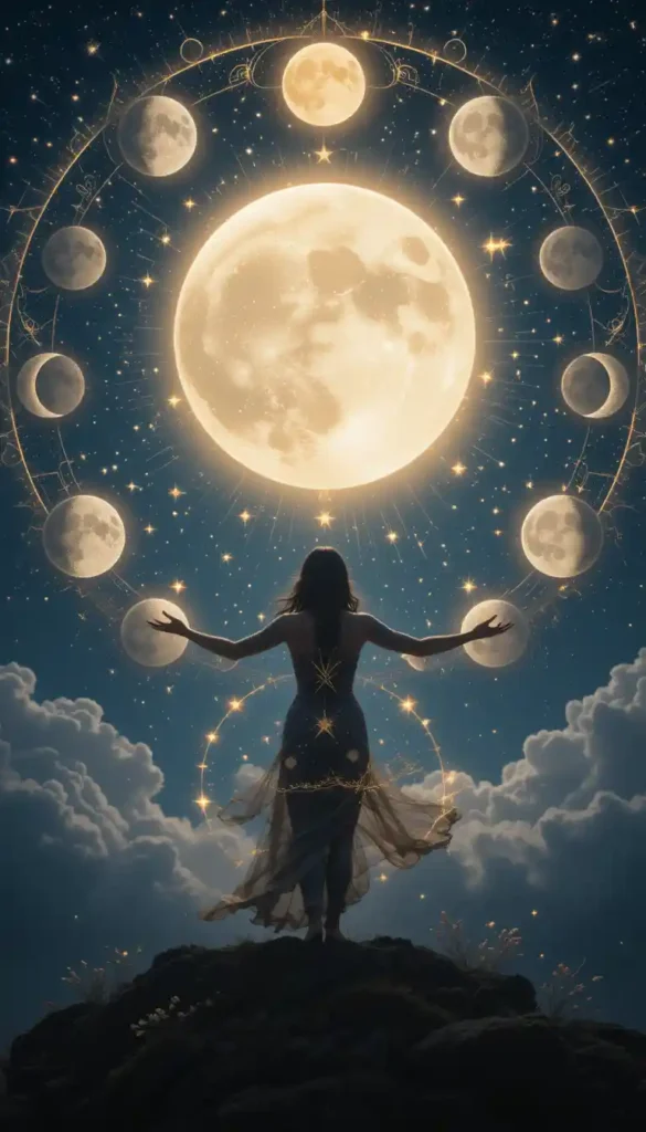 A woman under the moon phases manifesting abundance with celestial energy.
