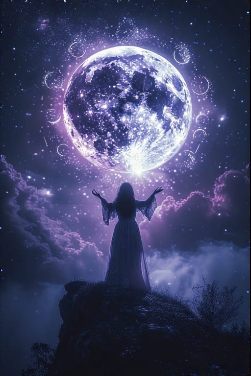 A mystical witch under a glowing full moon, surrounded by magical symbols and lunar energy.