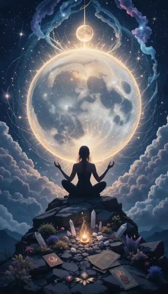 Silhouette of a meditating person under a glowing full moon and its phases, surrounded by cosmic swirls and symbols of intention.