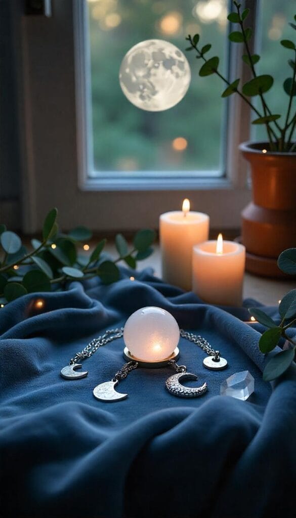 Moonlit spiritual altar with crescent charms, crystals, and candles.