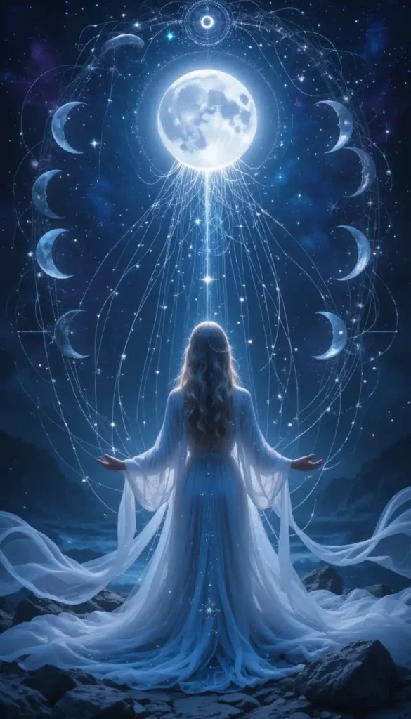 Ethereal portrait of a woman illuminated by the full moon with glowing moon-phase ribbons and a cosmic tapestry background