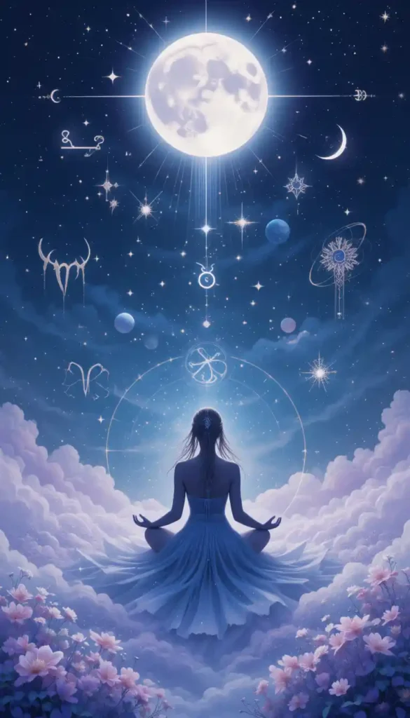 Mystical full moon with zodiac symbols and cosmic energy surrounding a meditative silhouette