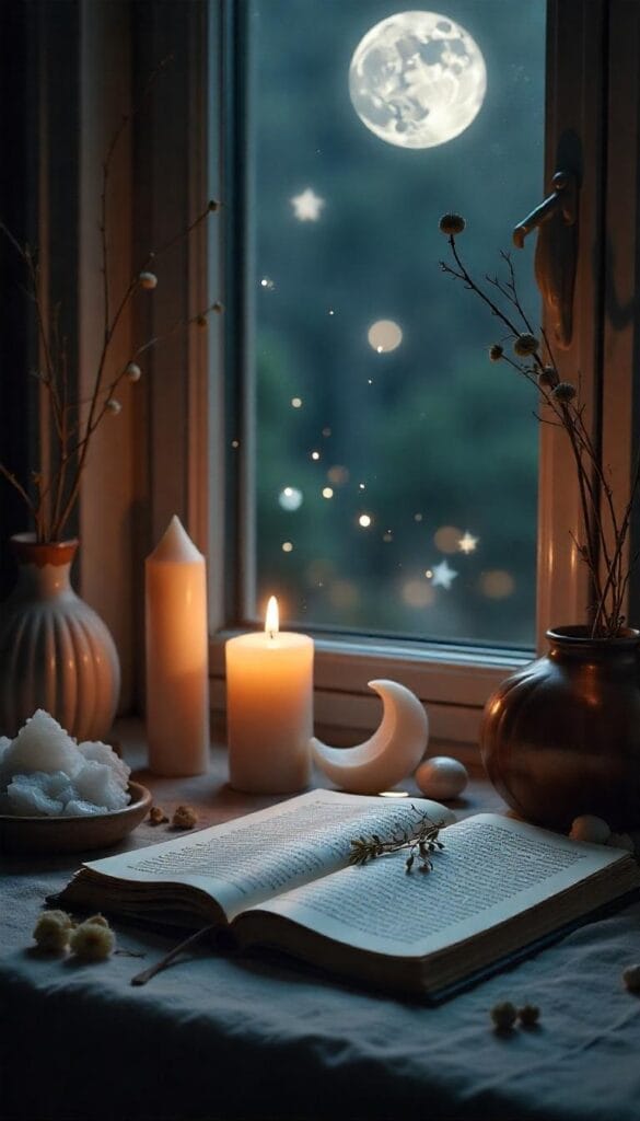 A dreamy home moon altar with crystals, candles, herbs, and celestial decor bathed in soft moonlight.