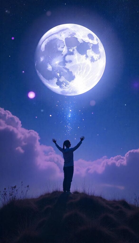 A mystical moonlit night with a figure invoking lunar energy beneath a glowing full moon.