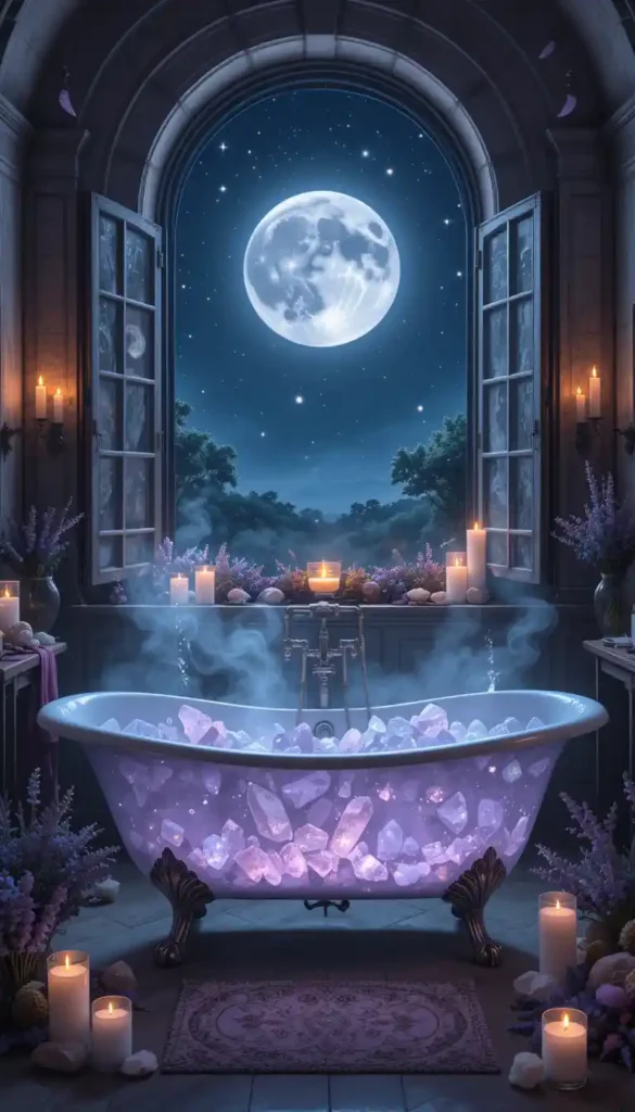 A glowing moonlit bath surrounded by crystals and candlelight, radiating peaceful, mystical energy.