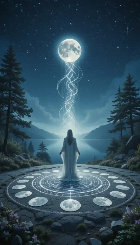 A robed figure stands in a moonlit circle of moon phases, surrounded by glowing crystals and cosmic energy.