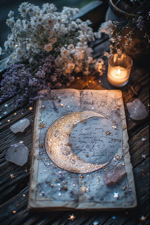 Open journal featuring a crescent moon illustration with decorative elements and crystals around it.