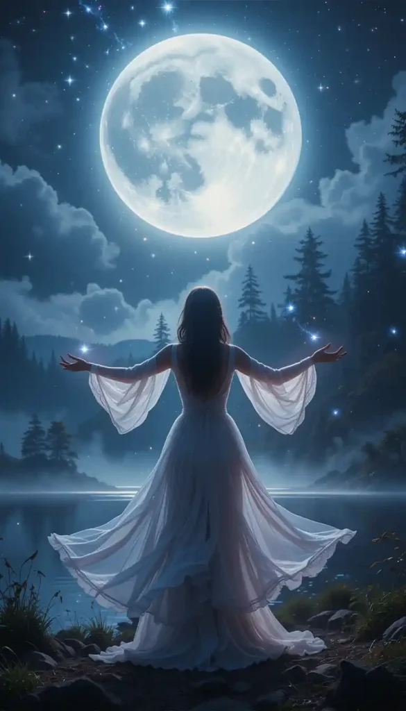 A mystical woman under a glowing full moon, embracing magical moonlight in a serene night landscape.