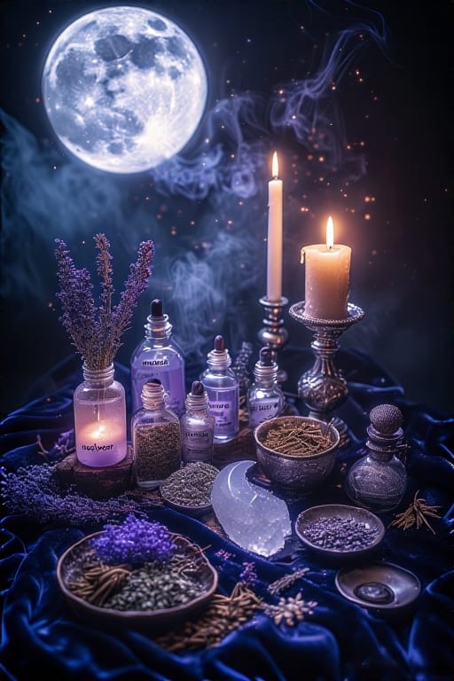 Various bottles of herbs and oils, candles, and crystals arranged on a dark surface with a full moon in the background.