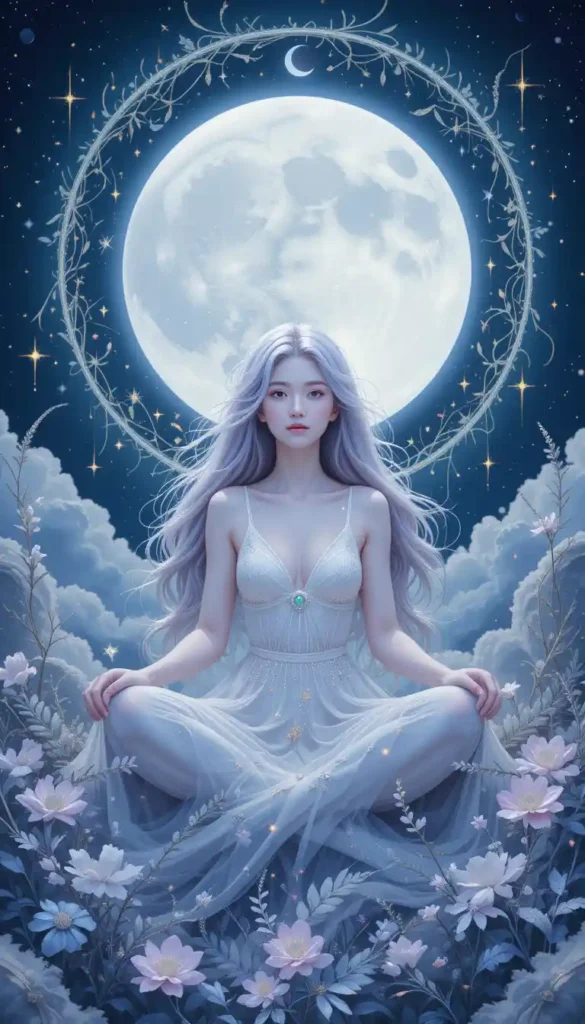Dreamy illustration of a figure under a glowing full moon surrounded by lunar symbols and soft botanical elements.