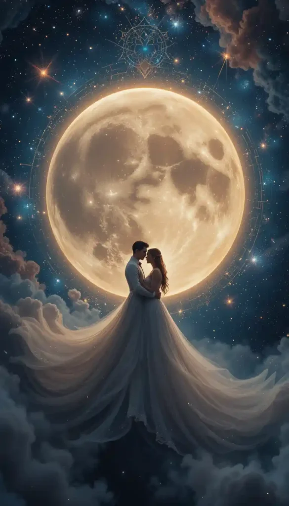 Ethereal and mystical image featuring a glowing moon surrounded by cosmic elements and abstract symbols of love and emotional connection. The scene uses deep blues, purples, silver, and gold to evoke intimacy and spiritual guidance, representing how moon signs influence romantic relationships.