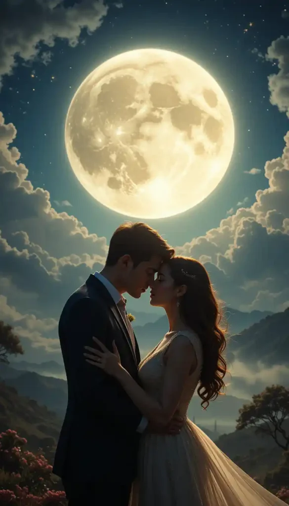 Ethereal image of a couple under a full moon, symbolizing love guided by intuition and celestial forces.