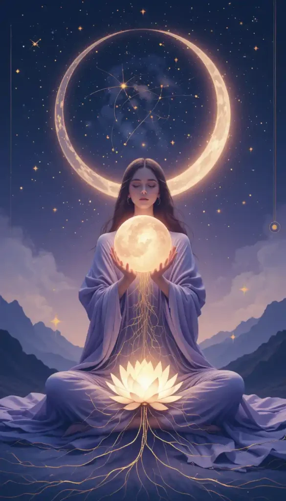 Serene woman meditating under crescent moon with zodiac constellations, symbolizing emotional intuition and cosmic self-discovery