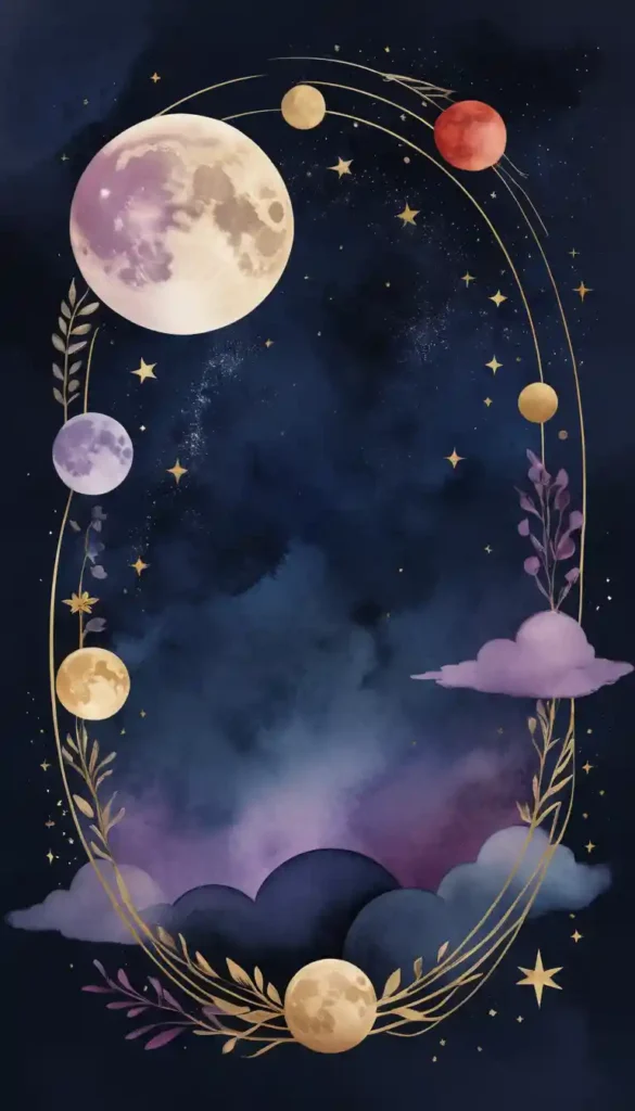 Lunar phases with warning icons against a mystical night sky highlighting common moon manifestation mistakes