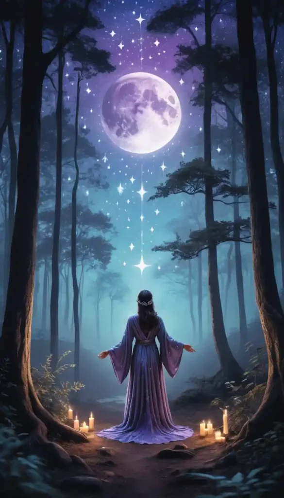 Woman performing moon ritual under a glowing crescent moon in a mystical night setting