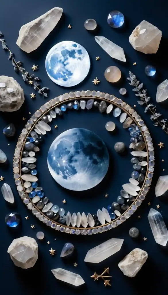Glowing moonstone crystal under a crescent moon with starry sky and mystical moon phase symbols.