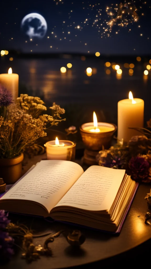 Open journal under moonlight with crystals, candles, and moon phases glowing in the night sky.