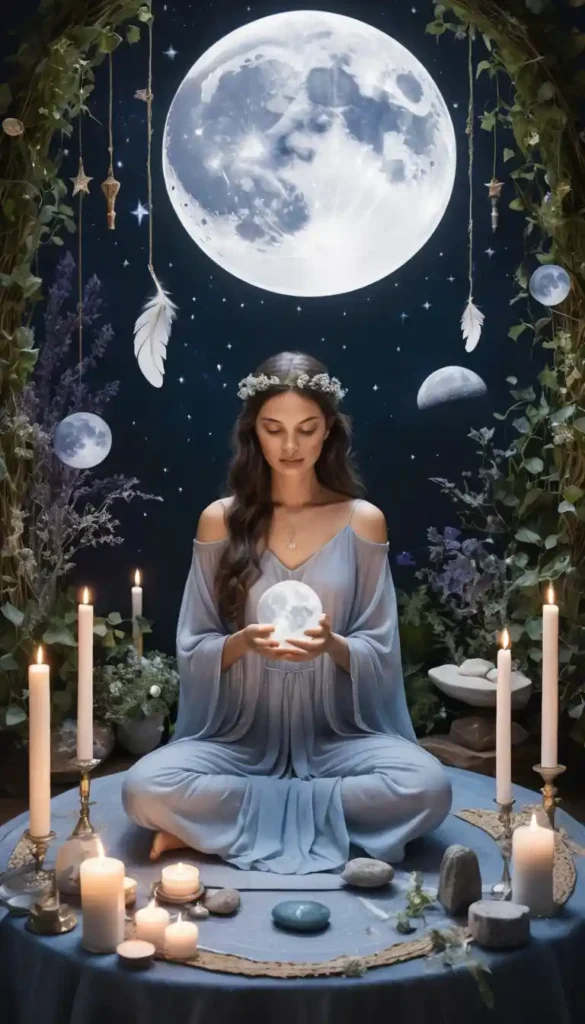 Meditative woman surrounded by eight floating lunar ritual tools and glowing moon phases in a pastel mystical scene.