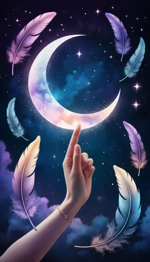 Silhouette of a hand reaching toward a glowing crescent moon surrounded by feathers, rainbow halos, and numeric symbols in a dreamy starry sky.