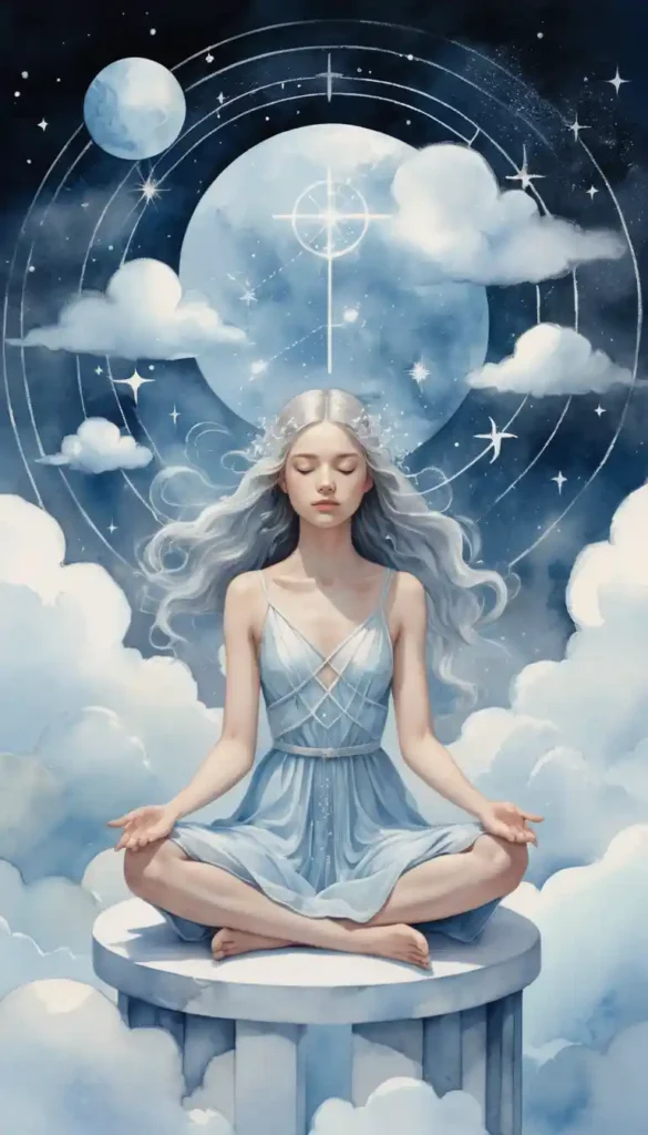 Meditative figure on a cloud with Gemini, Libra, and Aquarius symbols amid pastel winds.