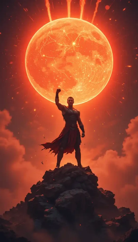 Warrior figure on a rocky peak with a fiery red-orange moon and swirling embers, symbolizing courage and action.