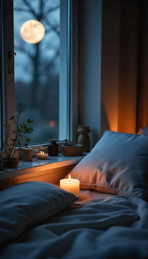 A tranquil indoor corner with moonlight streaming through a window onto a cozy altar space, ready for lunar magic.
